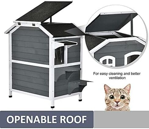 Pawhut المكون من طابقين Cat House في الهواء الطلق ، حاوية قط خشبية مقاومة للتسلية للقطط الوحشية مع باب الهروب ، سقف مفتوح ، منصات القفز ، أبيض in Kuwait