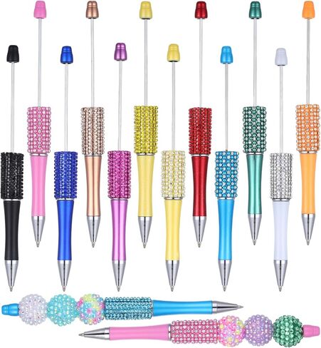 12 Pcs Beadable Pens, Glitter Rhinestone Beaded Pens, Multicolor Retractable Beadable Items for Crystal Plastic Rhinestones Beads, Black Ink Ballpoint, Cute Trendy DIY Supplies in Kuwait