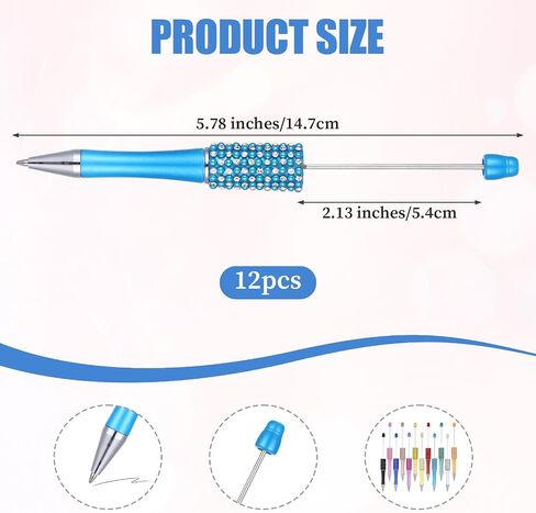 12 Pcs Beadable Pens, Glitter Rhinestone Beaded Pens, Multicolor Retractable Beadable Items for Crystal Plastic Rhinestones Beads, Black Ink Ballpoint, Cute Trendy DIY Supplies in Kuwait
