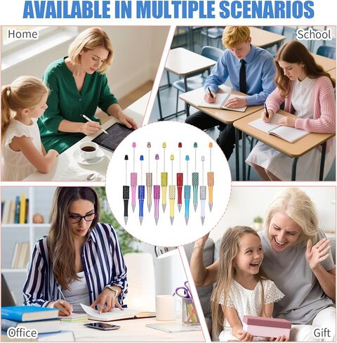 12 Pcs Beadable Pens, Glitter Rhinestone Beaded Pens, Multicolor Retractable Beadable Items for Crystal Plastic Rhinestones Beads, Black Ink Ballpoint, Cute Trendy DIY Supplies in Kuwait