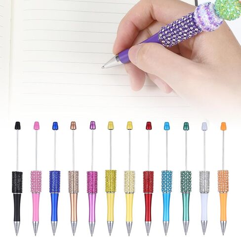 12 Pcs Beadable Pens, Glitter Rhinestone Beaded Pens, Multicolor Retractable Beadable Items for Crystal Plastic Rhinestones Beads, Black Ink Ballpoint, Cute Trendy DIY Supplies in Kuwait