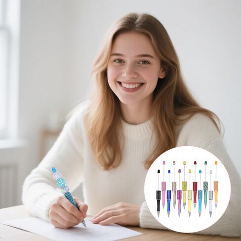12 Pcs Beadable Pens, Glitter Rhinestone Beaded Pens, Multicolor Retractable Beadable Items for Crystal Plastic Rhinestones Beads, Black Ink Ballpoint, Cute Trendy DIY Supplies in Kuwait