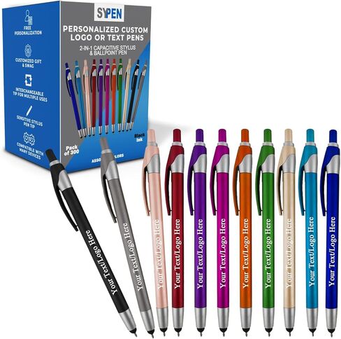 Personalized With your Custom Logo or Text Pens-Pack of 450- for Marketing, Parties, and Events, 2 in 1 Capacitive Stylus & Ballpoint Pen Compatible With Touchscreen Devices, Black Ink, Purple Pens in Kuwait