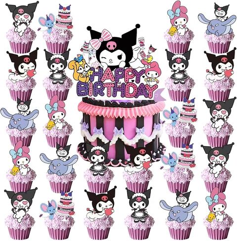 25pcs Cupcake Toppers مع 1 كعكة عيد ميلاد سعيدة ، وأنيمي لطيف ، Hello Pink Cat ، لوازم الحفلات ، مثالية لزخارف حفلة عيد الميلاد (النمط أ) in Kuwait