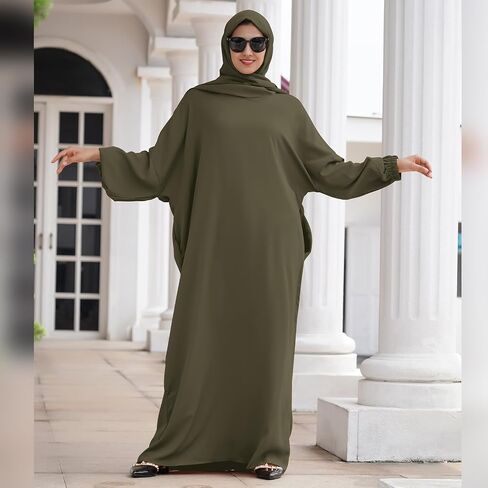 Khimar for Muslim Women, Women's Solid Muslim One-Piece Prayer Dress Muslim Abaya Dress Islamic Maxi Ramadan Modest Kaftan with Hijab Scarf Full Length Eid Arab Burka Dress Gray - 1pc Robe M in Saudi Arabia