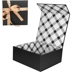 Tekhoho White Large Gift Box 13.2x10.6x5in, Premium Present Box with Magnetic Lid and Ribbon for Holidays Wedding Birthday Gift Packaging, Plaid Lining