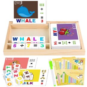 7 in 1 Learning Toy for Kids 2-10 Year Old, Wooden Word Spelling Game Counting Puzzle, Montessori Educational Alphabet Cube Toys w/Sight Words Reading Blocks Matching Letter Sorting Gift for Boy Girl