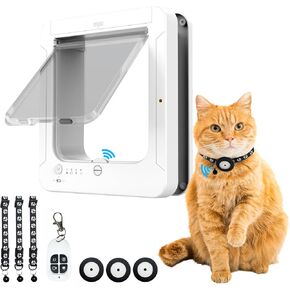 Smart Cat Door for Interior & Exterior, Microchip Cat Pet Door with 3 Collar Sensor Keys & 1 Remote Control & 4 Way Locking Cat Flap with RFID Collar Activated Opening Cat Door (White Tags 2Pack)