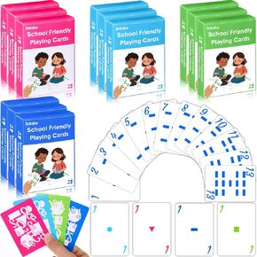 Zubebe 12 Pack School Friendly Playing Cards Bulk, Numbers 0-13, Shapes, Jumbo Index, Multicolored Patterned Deck for Teaching Counting and Probability, Home Learning Games