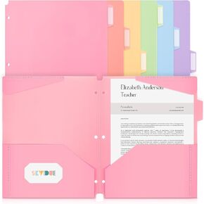 SKYDUE Plastic Folders with Pockets and Tabs – Set of 6 Pastel Colors, 2 Pockets per Folder, 3-Hole Punched, Waterproof – Includes Subject and Blank Labels for School & Office