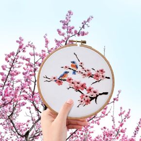 Biweutydys Needlepoint Kits for Adults Birds on Cherry Blossom Branches Pattern Cross Stitch Kits Cherry Blossom Flowers Hand Embroideried Kit with Embroidery Hoop and Instruction Mother's Day Gift