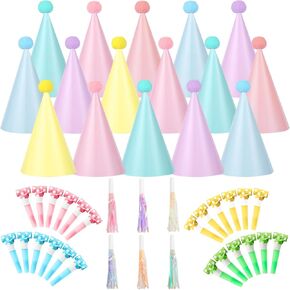 66Pcs Rainbow Birthday Party Hats Pastel Themed Paper Cone Hats with Macaron Noise Makers Blowouts Colorful Glitter Metallic Fringed Party Horns for Kid Adult Party Favor Baby Bridal Shower Decoration