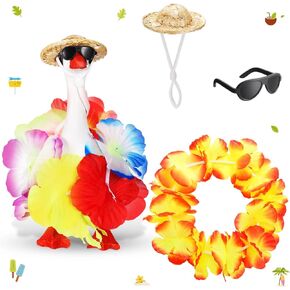 2 Sets Summer Mini Desk Goose Outfits, Magnetic 7 Inch Goose Statue Keychain Hawaiian Clothes Straw Hat and Hawaiian Lei Costume for Summer Party Table Desk Key Holder Decor