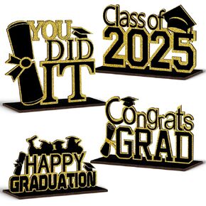 (4 Pcs) KSKSPE Graduation Decorations Party Supplies Table Centerpieces,Graduation Theme Design and Sturdy Wooden for Graduation Party Favors Decorations,Black