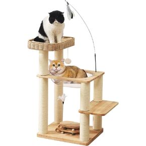Solid Wood Cat Tree, 50 Inch Modern Cat Tower with Space Capsule, Hand-Woven Basket Nest, Sisal Posts & Scratching Board, Heavy-Duty Multi-Level Indoor Tower in Saudi Arabia