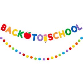 2Pcs 8.2Ft Back to School Felt Banner Colorful Apples Pencil Letter Hanging Garland Rainbow Color Pom Pom Banner for First Day of School Classroom Wall Decor