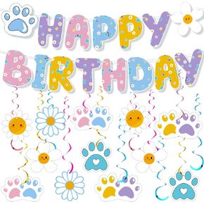 Blue Dog Banner Happy Birity Banner مع Daisy Paws معلقة دوامات Blue Dog Dappy Birthday Party Supplies Daisy Puppy Decorations for Kid Boy and Girl