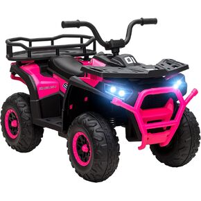 Qaba 12V Kids ATV, 4 Wheeler Quad, 3.7Mph Battery Powered Ride on Car with 4 Suspension Wheels, Storage Basket, LED Lights, Music USB, Treaded Tires, Electric Car for Boys Girls Aged 3-5 Years, Pink