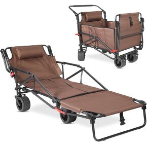Foldable 4 Wheels Beach Wagon and Chair with Pillow,Beach Cart Chairs 2 in 1, 400lb Large Capacity Cart Suitable for Beaches, Camping, Fishing, Shopping and Moving(Brown)