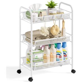 4-Tier Metal Utility Cart, Mesh Wire Rolling Cart on Wheels, Storage Trolley with Easy Assembly, Organizer Craft Cart 3 Hooks, Mobile Shelving Unit for Bathroom, Laundry Room, Home
