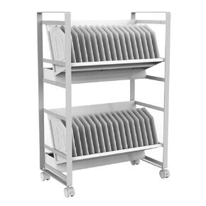 LUXOR LOTM32 32-Device Open Charging Cart, Two-Shelf Tablet/Chromebook Storage Station, UL Listed 16-Outlet Power Strips, Cable Clips, 2" Casters, Gray/White
