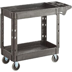 2 Shelf Rolling Cart 40"x16" with Handle, Heavy-Duty Commercial Work Utility Cart, Service Tool Compartments, Movable Storage Trolley Organizer for Warehouse, Garage, Restaurant, Cleaning, Grey