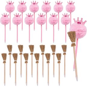 24 Pcs Princess and Witch Ballpoint Pen Party Favors Rose Pink and Green Gift Including 12 Witch Hat and 12 Crown Fluffy Pom Pom Pens for Girls Friendship Office School Witch Party Supplies