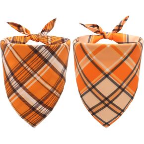 Fall Dog Bandanas,Orange Plaid Dog Outfit,Seasonal Pet Scarf for Boy and Girl Dogs,Reversible Holiday Pet Costume for Medium to Large Dogs(2PCS,Orange)