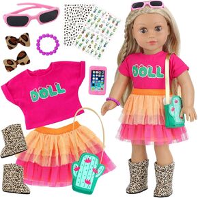 11Pcs American 18 Inch Doll Clothes Set- Mexican Style Accessories for 18 Inch Dolls-Complete Outfit with Leopard Boots,Cactus Bag(Doll not Included)