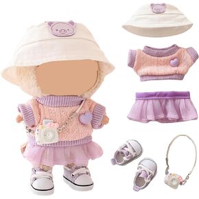 Doll Clothes Set - Knit Sweater & Tulle Skirt Outfit with Hat, Shoes & Camera Accessories, for 17cm Doll 1st/2nd/3rd Gen (Purple)