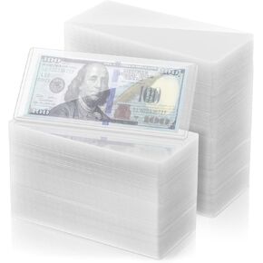 cobee 100 Pcs Hard Plastic Clear Money Holder, Transparent Dollar Bill Sleeves Waterproof Currency Sleeves 6.9 x 2.9 Inch Top-Insert Money Display Protectors for Banknotes Stamp Collecting