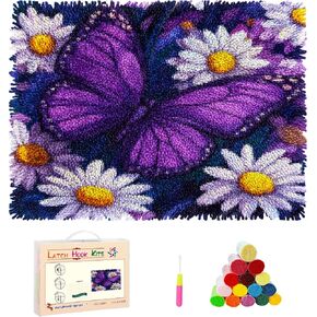 DIY Latch Hook Rug Kits Cartoon Butterfly and White Daisy Flower Stamped Non-Slip Mat Crocheting Yarn Hook and Latch Emboridery Tapestry for Home Floor Decor and Pet Warm Cushion 52x38cm(24)