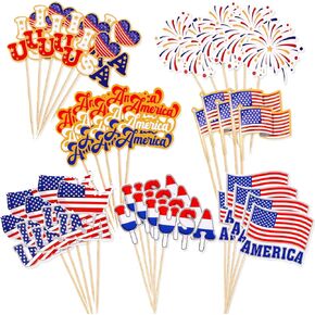 HOWAF 70pcs 4th of July American Flags Toothpick, USA Mini Stick Cupcake Toppers, Red White Blue Independence Day Cocktail Picks Fruits Sticks for US July 4th Patriotic Party Food Drink Decorations
