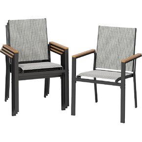 DWVO Stackable Patio Chairs Set of 4, All-Weather Patio Seating with Olefin Fabric and Faux Wood Armrests, Black & White Plaid Pattern