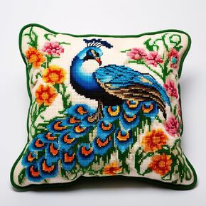 Blue Peacock Latch Hook Pillow Kit for Adults Throw Pillow Cover with Printed Canvas Crochet Yarn Needle Craft Easy Handmade DIY Cushion for Home Sofa Decoration 43x43cm