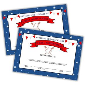 T-Ball Achievement Awards Certificates 30pk 6x9" Cardstock Superlatives Candy Bar End of Year Season Youth Sports Baseball Little League Tournament
