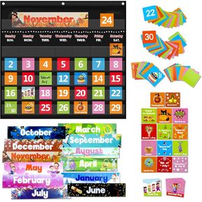 Classroom Calendar Pocket Chart with 88 Cards - Ideal for Homeschool, Classroom & Office, Durable Nylon Wall Hanging Calendar for Early Learning (Black)