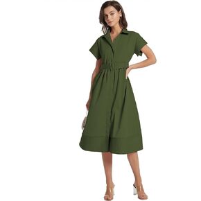 Ladyful Women Casual Button Down Shirt Dress Short Wing Sleeve Buiness Midi Shirt Dress with Belt Elegant Dress