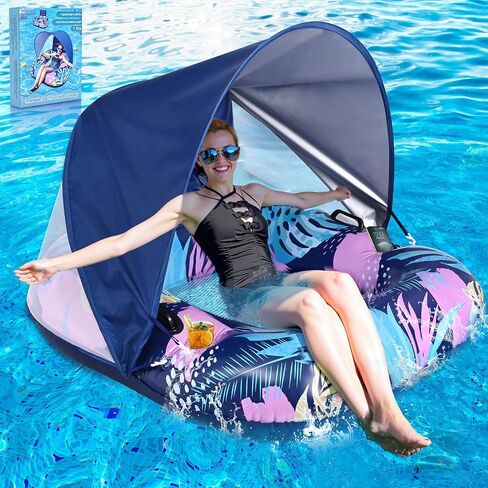 2025 Upgraded Pool Float with Canopy, 2 Cup Holders - XL Inflatable Pool Floats with Adjustable Sun Shade Cover, Dual Handles, Ergonomic Headrest, Heavy Duty Adult Floats for Pool, Beach, Lake in Saudi Arabia