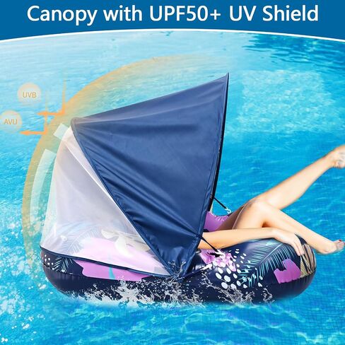2025 Upgraded Pool Float with Canopy, 2 Cup Holders - XL Inflatable Pool Floats with Adjustable Sun Shade Cover, Dual Handles, Ergonomic Headrest, Heavy Duty Adult Floats for Pool, Beach, Lake in Saudi Arabia