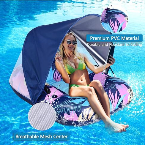 2025 Upgraded Pool Float with Canopy, 2 Cup Holders - XL Inflatable Pool Floats with Adjustable Sun Shade Cover, Dual Handles, Ergonomic Headrest, Heavy Duty Adult Floats for Pool, Beach, Lake in Saudi Arabia