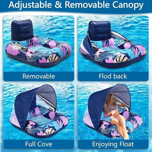 2025 Upgraded Pool Float with Canopy, 2 Cup Holders - XL Inflatable Pool Floats with Adjustable Sun Shade Cover, Dual Handles, Ergonomic Headrest, Heavy Duty Adult Floats for Pool, Beach, Lake in Saudi Arabia