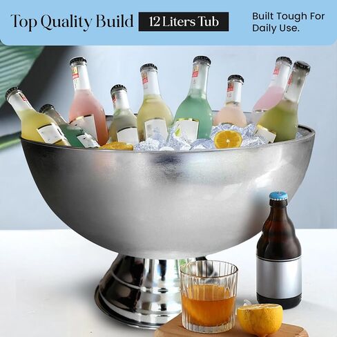 Premium Ice Bucket For Parties - Party Sized 12L Beverage Tub With Scoop - Silver Stainless Steel Ultimate Champagne Bucket For Celebrations- Insulated Punch Bowl -Large Ice Bucket For Drinks in Saudi Arabia