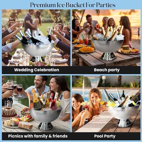 Premium Ice Bucket For Parties - Party Sized 12L Beverage Tub With Scoop - Silver Stainless Steel Ultimate Champagne Bucket For Celebrations- Insulated Punch Bowl -Large Ice Bucket For Drinks in Saudi Arabia
