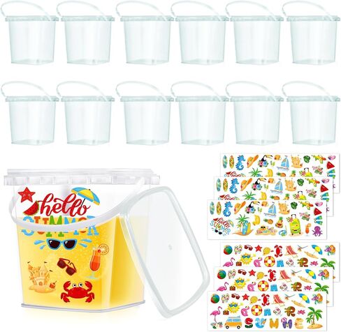12 Pcs 1L Ice Cream Buckets with Lids and Handles 150 Summer Stickers Cocktail Rum Drink Buckets Clear Plastic Containers Ice Cream Tub Reusable Plastic Pail for Summer Beach Party Supplies in Saudi Arabia