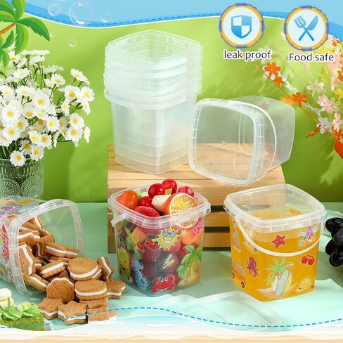 12 Pcs 1L Ice Cream Buckets with Lids and Handles 150 Summer Stickers Cocktail Rum Drink Buckets Clear Plastic Containers Ice Cream Tub Reusable Plastic Pail for Summer Beach Party Supplies in Saudi Arabia