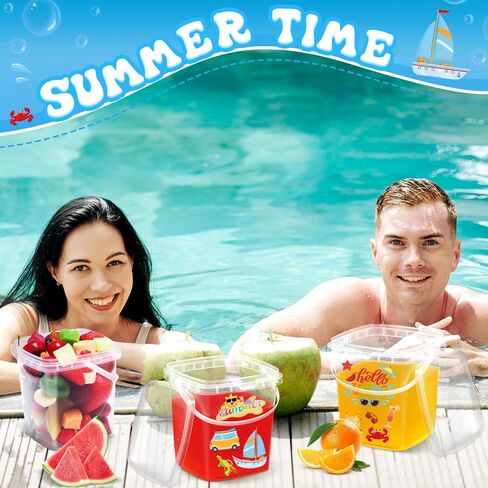 12 Pcs 1L Ice Cream Buckets with Lids and Handles 150 Summer Stickers Cocktail Rum Drink Buckets Clear Plastic Containers Ice Cream Tub Reusable Plastic Pail for Summer Beach Party Supplies in Saudi Arabia