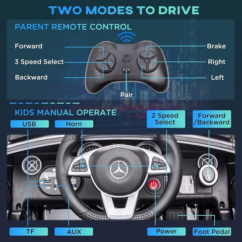 AOSOM Mercedes SLC 300 Kids Corder Carn مع التحكم عن بُعد ، وركوب بطارية 12 فولت يركبون السيارة مع الموسيقى ، والأضواء ، والتعليق لمدة 3-6 سنوات ، أبيض in Kuwait