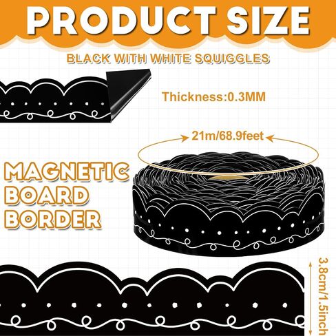 68.9 ft Magnetic Bulletin Board Border Magnetic Whiteboard Strips Rolls for Classroom Chalkboard Trim School Office Chalkboard Decoration (Black with White Squiggles) in Saudi Arabia