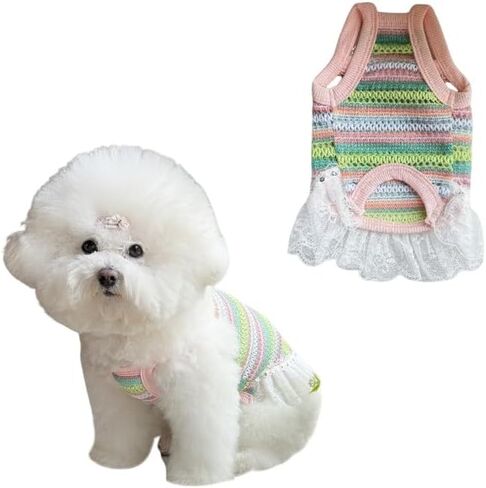 Colorful Knitted Pet Clothes with Lace Trim - Stylish Comfort for Small Dogs & Cats (Yellow Dress, Large) in Saudi Arabia